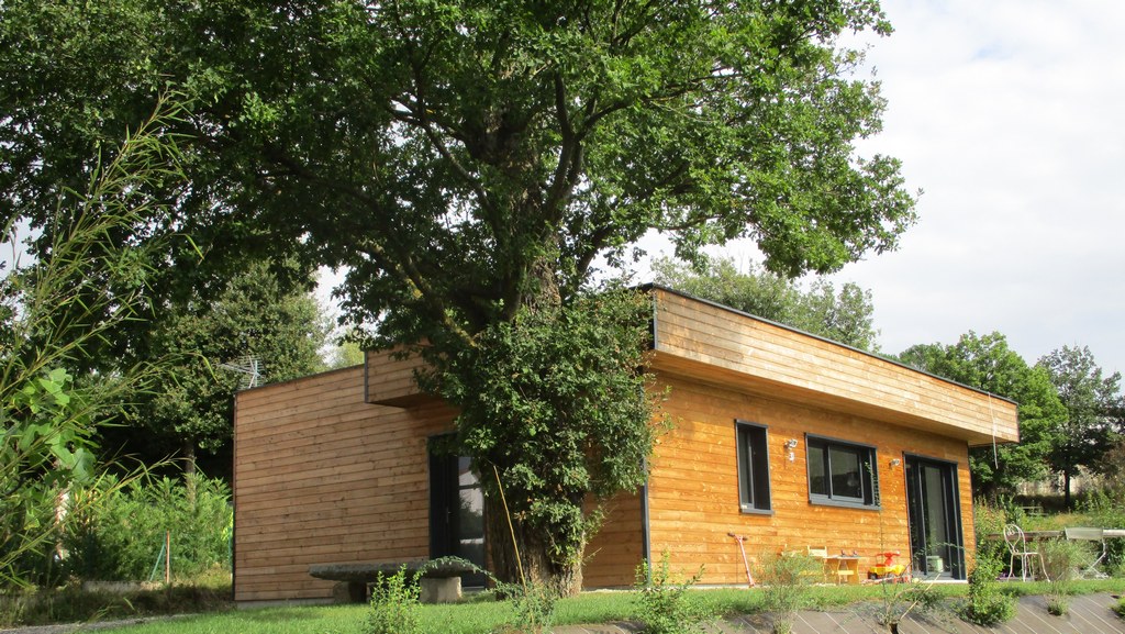 Maison ossature bois Haute-Loire (43) — maison bois contemporaine à toit plat sous chêne